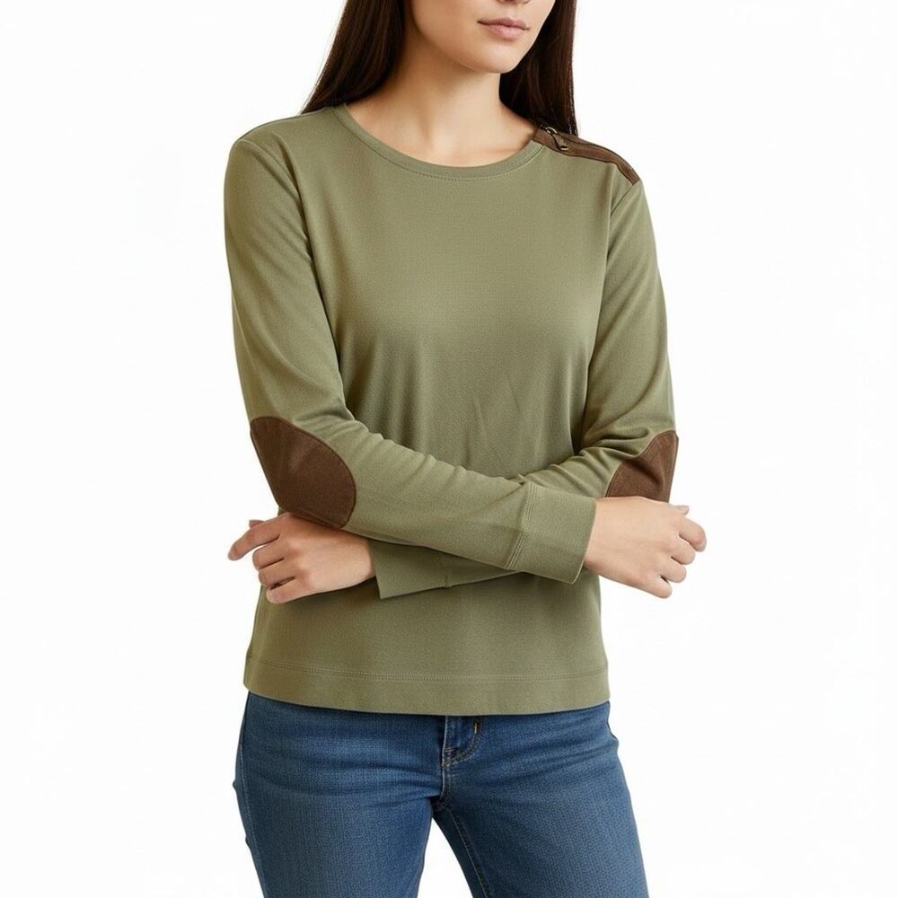 Ralph Lauren Olive Green Long Sleeve Top Suede Elbow Patch Equestrian Preppy XL - Picture 2 of 16